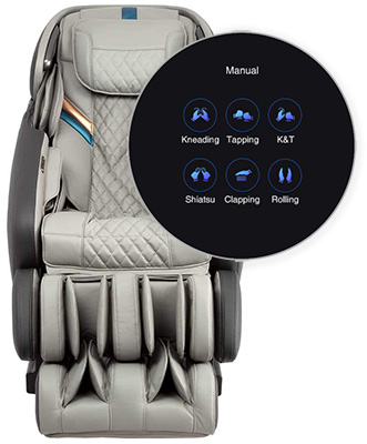 Admiral massage chair with light grey PU upholstery and the massage techniques on offer