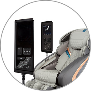 Osaki OS-Pro Admiral massage chair in grey variant, with wired remote that features a small screen and buttons