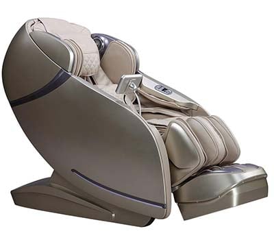 Osaki OS-Pro First Class massage chair with beige exterior, beige PU upholstery, and a touchpad attached to one arm