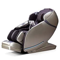 Osaki First Class Massage Chair with dark brown PU upholstery, beige exterior,  and sky blue LED light