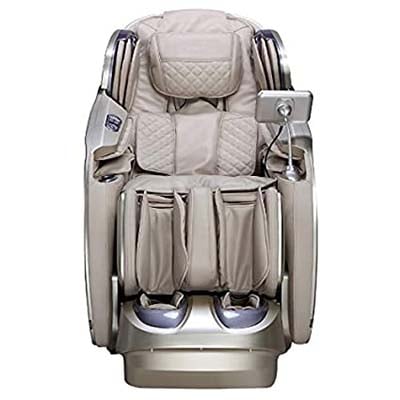 OS-Pro First Class Massage Chair with beige PU upholstery, beige exterior, and touchscreen LCD remote attached to one arm