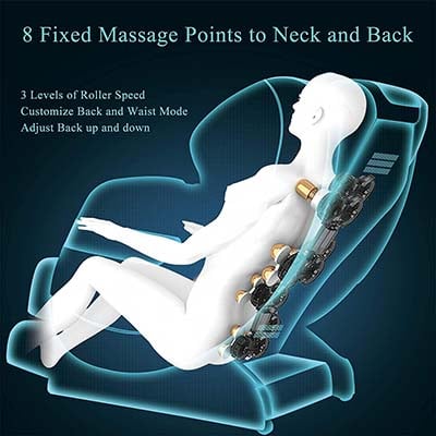 An illustration of Real Relax Favor 03 massage chair's 8 fixed back rollers with a woman sitting on the chair