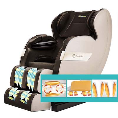 Favor 03 massage chair with brown PU upholstery, beige exterior, airbags for the calves and feet plus foot rollers