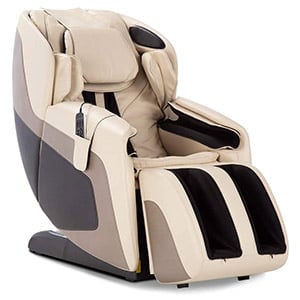 Human Touch Sana Massage Chair with beige Sofhyde upholstery, light brown and dark brown Sofhyde on the sides, and black base