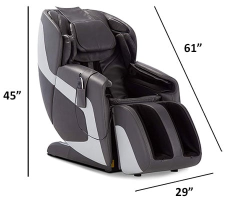 Human Touch Sana Massage Chair gray variant with a wired remote on one arm and the chair's dimensions when upright