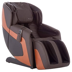 Human Touch Sana Massage Chair with espresso-colored Sofhyde upholstery and burnt orange highlights