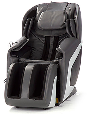 Human Touch Sana Massage Chair with dark gray Sofhyde upholstery, light gray highlights on the sides, and wired remote