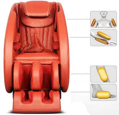 Ideal Massage Chair red variant and the airbags located at the shoulders, arms, calves, and feet