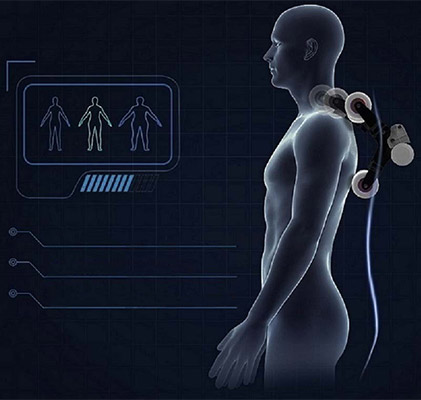 An illustration of Ideal massage chair's body scanning tech using a drawing of the body and the rollers