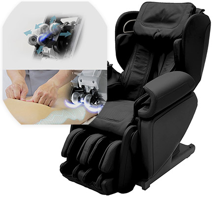 Synca Kagra Massage Chair black variant and an illustration of its rollers that closely replicate the feel of human hands