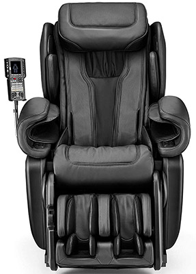 Synca Kagra 4D Massage Chair with black PU upholstery and an old school remote control mounted on one arm