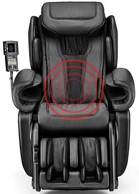 Synca Kagra 4D Massage Chair black variant with a heated vest on the seatback and a remote mounted on one arm