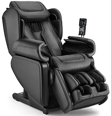 Kagra massage chair with black PU upholstery, a remote mounted on one arm, and the leg ports slightly elevated