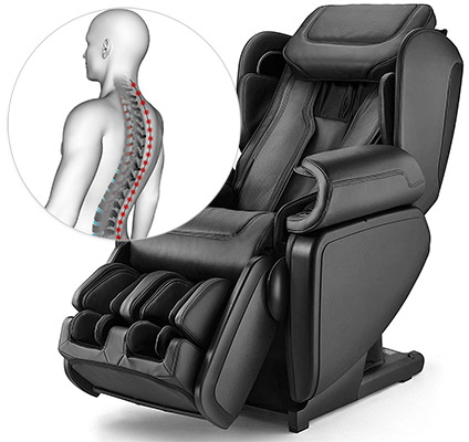 Synca Kagra Massage Chair with black PU upholstery and a drawing of a man, highlighting the curve of his spine