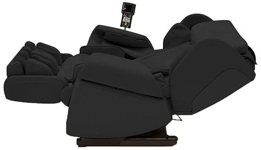 Synca Kagra massage chair black variant in zero gravity recline with the leg ports elevated slightly above the heart