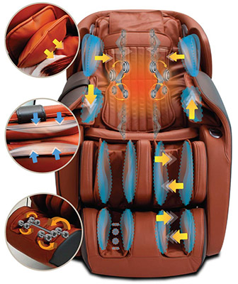 Kahuna LM-7000 orange variant and its massage rollers and airbags located at the shoulders, arms, calves, and feet 