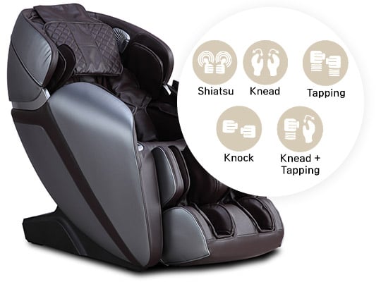 Kahuna LM-7000 with dark brown faux leather upholstery and an illustration of the chair's massage techniques