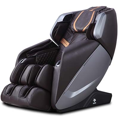 Kahuna Chair LM 9100 with dark brown faux leather upholstery, gold highlights on the seatback, and black and silver exterior