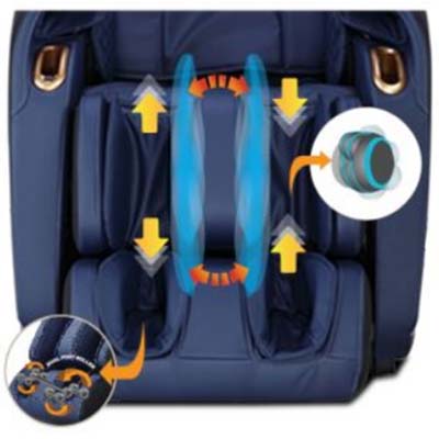Kahuna Massage Chair LM-9100 with dark blue upholstery for the leg ports, airbags for the calves and foot rollers