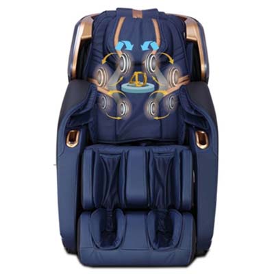 Kahuna LM 9100 with dark blue faux leather upholstery and gold highlights, and an illustration of the chair's massage rollers