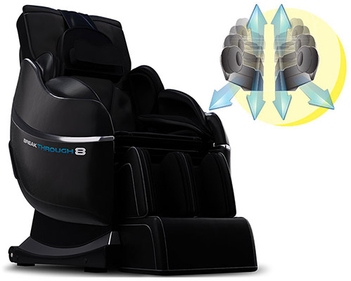 Medical Breakthrough 8 with black PU upholstery, black base, and an illustration of its massage rollers