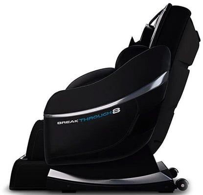 Medical Breakthrough 8 massage chair with black PU upholstery, black exterior with silver highlights, and rear casters