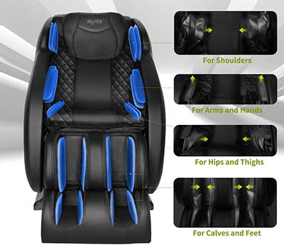 Mynta Massage Chair with black PU upholstery and airbags located at the shoulders, arms, hips, calves, and feet