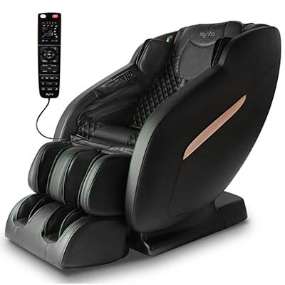 Mynta Massage Chair with black PU upholstery and an old school wired remote attached to one side of the seat