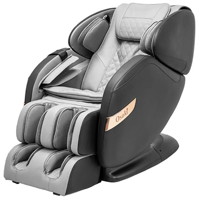Osaki OS Champ Massage Chair with light grey faux leather upholstery, black exterior and base, and brand name in rose gold