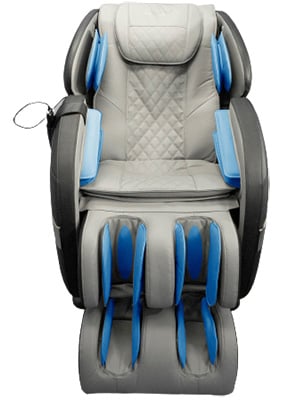OS Champ with light grey faux leather upholstery and the chair's 18 airbags located at the shoulders, arms, and leg ports