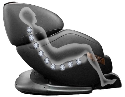 OS-Champ's L-track and an illustration of the body while sitting on the chair, with the rollers hitting pressure points