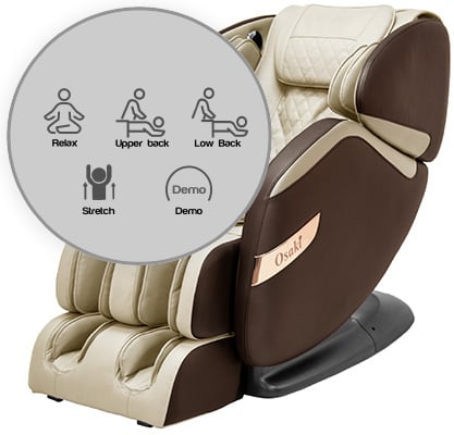 Osaki OS Champ with beige faux leather upholstery, brown exterior, and an illustration of the chair's preprogrammed options