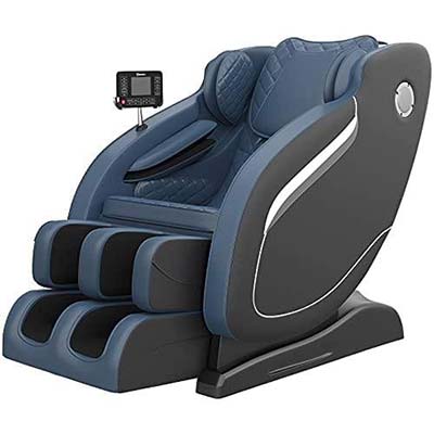 Real Relax MM650 with dark blue PU upholstery, black base and exterior, and touchpad mounted on one arm