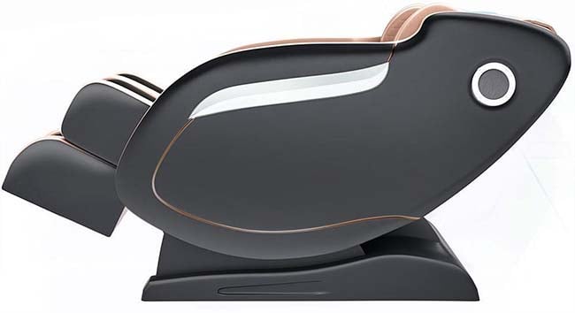 MM650 Massage Chair with beige PU upholstery and in zero gravity recline with the leg ports slightly elevated