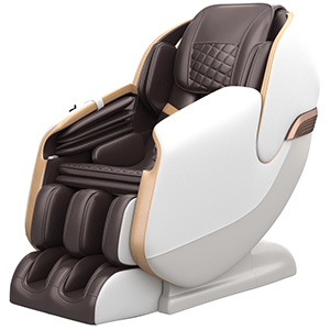 Real Relax PS3100 Massage Chair with dark brown PU upholstery, white and light grey exterior, and gold highlights