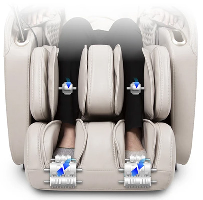 Person sitting on the Titan Elite 3D Massage Chair taupe variant with airbags and rollers for the calves and feet