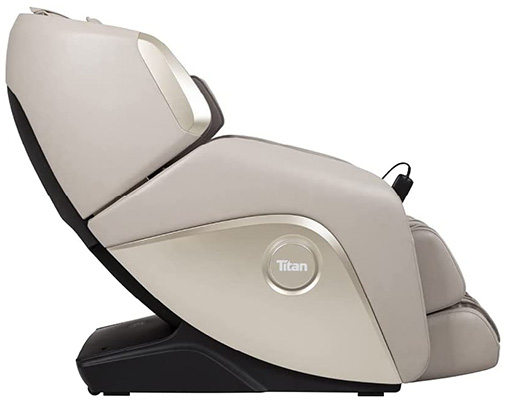 Titan Elite 3D Massage Chair with taupe PU upholstery, black base, and brand name in glossy taupe on the sides