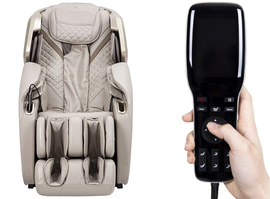 Titan Elite 3D taupe variant and a person holding the black wired remote with screen and buttons