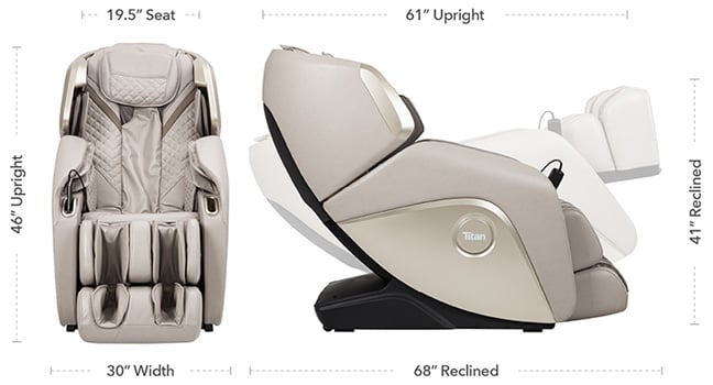 Titan Elite 3D Massage Chair with taupe PU upholstery and the chair's dimensions when sitting upright and when reclined