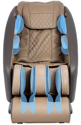 Titan Pro Commander Massage Chair brown variant and the airbags located at the shoulders, arms, calves, and feet
