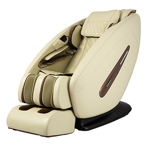 Osaki Titan Pro Commander with beige faux leather upholstery and exterior, black base, and brand name in glossy brown