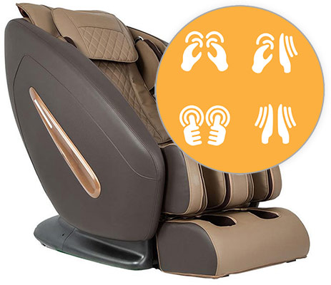 Titan Pro Commander Massage Chair brown variant and an illustration of the massage techniques on offer