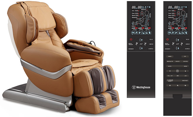 Westinghouse WES41-700S Massage Chair camel variant and the chair's old school remote with a small screen and buttons