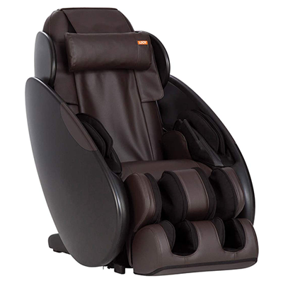 iJoy Total Massage Chair with espresso-colored SofHyde upholstery, black exterior, and model name on the neck cushion