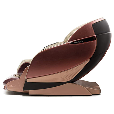 Boyfriend Palace II massage chair with burgundy brown and rose gold exterior and base, and black back shell