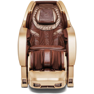 Bodyfriend Pharaoh S II massage chair, with gold outer shell and rich brown genuine leather upholstery