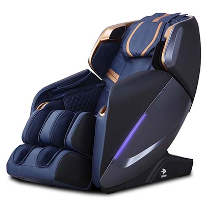 Kahuna LM 9100 massage chair with black exterior, blue synthetic leather upholstery, gold highlights, and LED strip lights