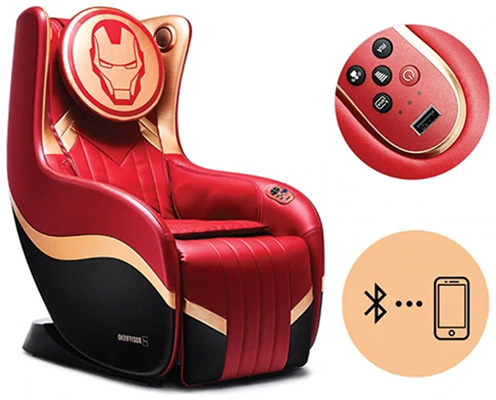 Hug Chair 2.0 Iron Man variant with USB port and other basic controls on one arm and speakers built into the headrest