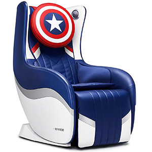 Hug Chair 2.0 Captain America variant with shield on the headrest, blue, white, red, and silver upholstery, and white base