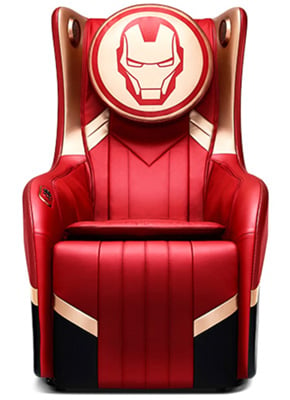 Bodyfriend Hugchair Iron Man variant with Iron Man logo on the neck cushion and black, gold, and red faux leather upholstery